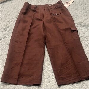 Brown Linen Capri Cargo Pants